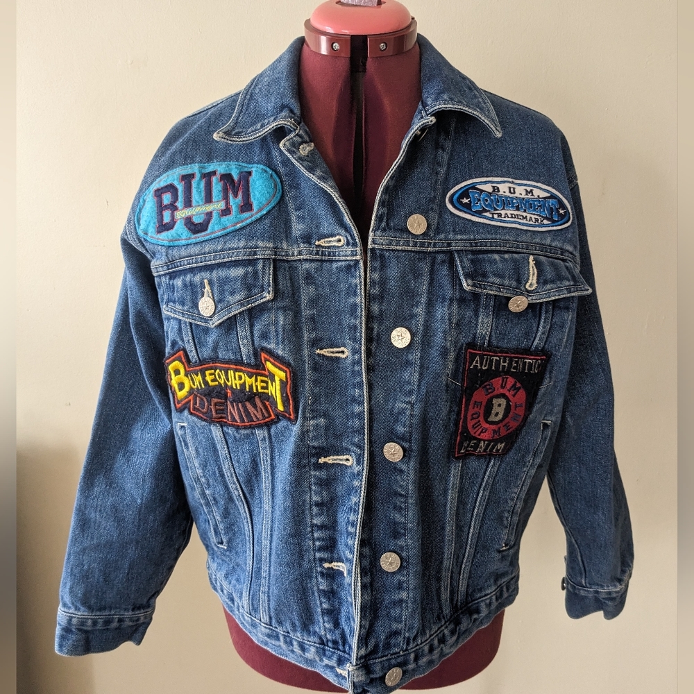 Vintage 90s BUM Equipment patch denim jacket size small blue jeans patches